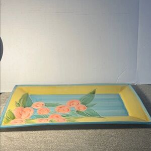 Ambiance Coral Rose Floral Ceramic Platter with Aqua Background